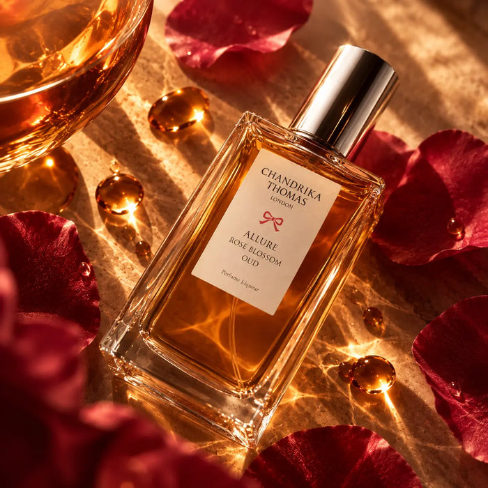 
  
    Chandrika Thomas London Allure Rose Blossom Oud Extrait de Parfum, a British niche perfume with amber fragrance and rose petals.
  
