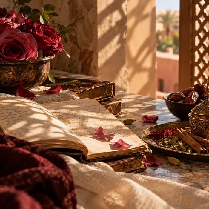 
  
    Storytelling in perfumery through scent and memory, with roses, spices and a journal representing inspiration and the creative perfume-making process.
  
