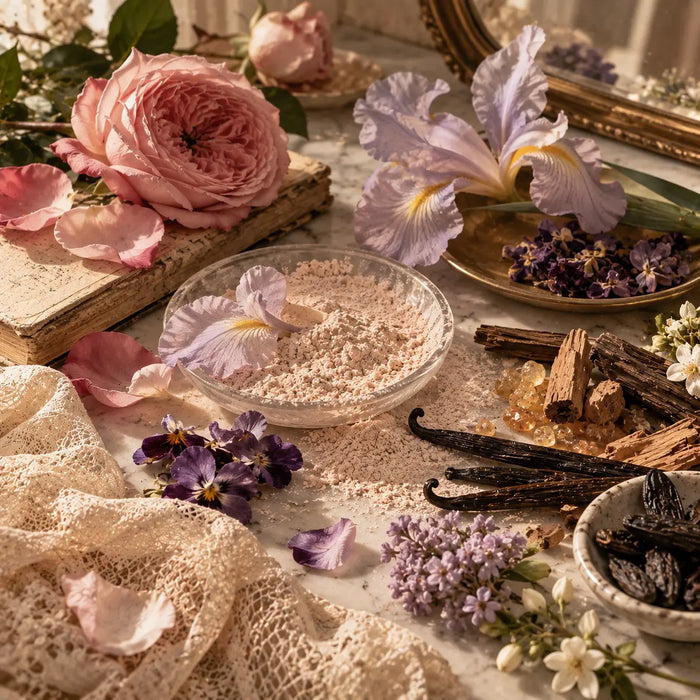 
  
    Powdery perfume notes represented by iris, violet, rose, vanilla and woods, illustrating the soft, dry and velvety character of powdery fragrances.
  
