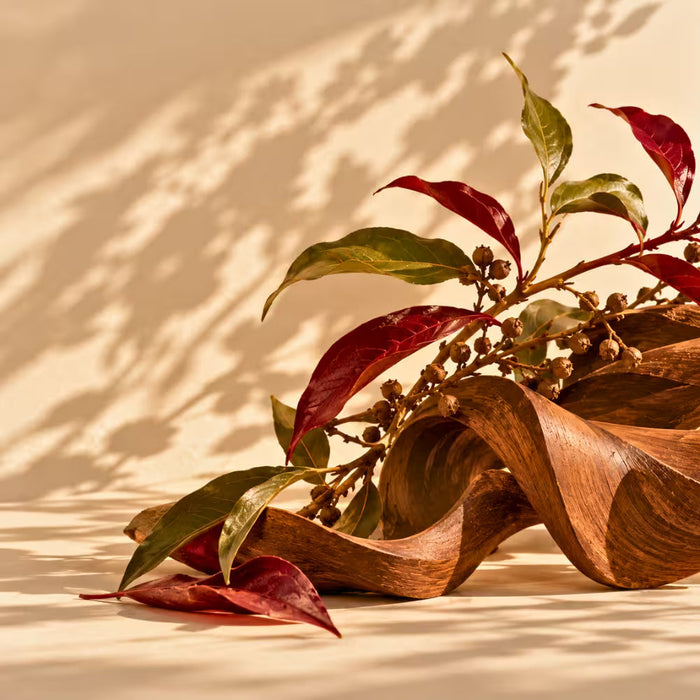 
  
    Woody perfumes with autumn leaves, botanical branches and sculptural wood in warm light
  
