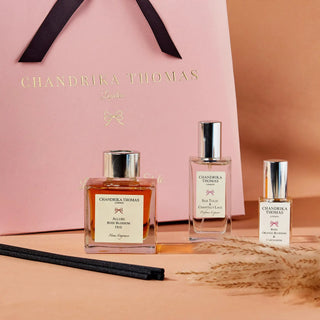 Image of 100ml  Silk Tulle & Chantilly Lace Perfume, 15ml Rose Orange Blossom & Cardamom Perfume and 100ml Allure Rose Blossom Oud diffuser with an exquisite gift bag